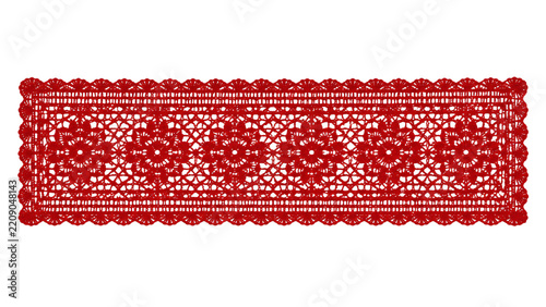 Red rectangular fabric patch with decorative lace edge isolated on transparent background