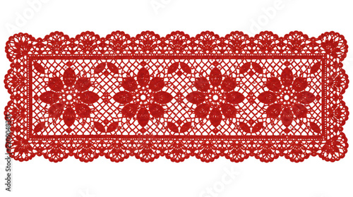 Red rectangular fabric patch with decorative lace edge isolated on transparent background