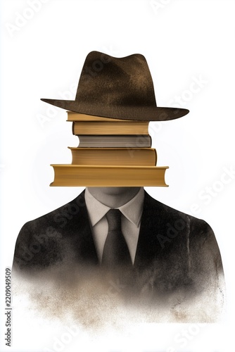Surreal Man with Stack of Books as Head Wearing Fedora Hat, Knowledge Concept Illustration. Bookworm Concept.