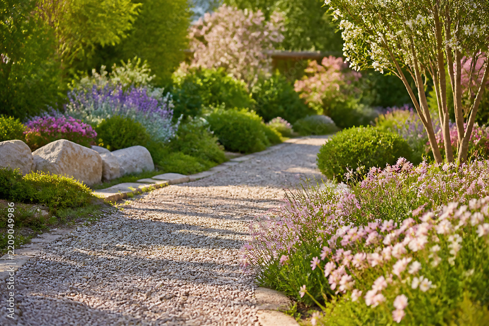 Obraz premium A sunlit gravel path winds through a lush, blooming garden with various trees and flowers.