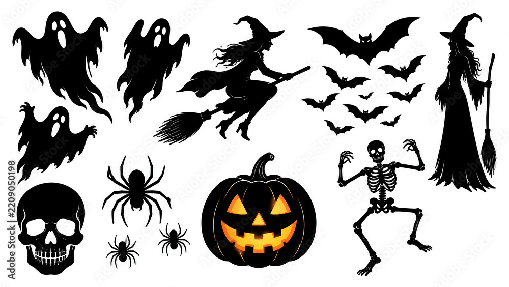 Fototapeta premium Set of halloween silhouettes featuring ghosts, bats, a witch on a broomstick, a jackolantern, spiders, and a skeleton isolated on white background 
