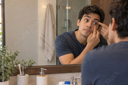 Young latin man putting contact lens in eye at bathroom mirror, morning hygiene routine, mirror reflection