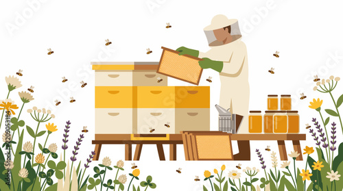 Beekeeper working with honey bee hives in a beautiful flower meadow illustration.