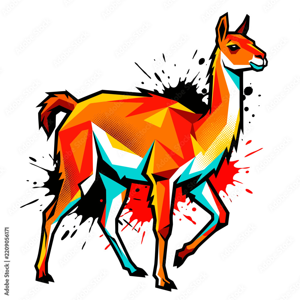 Obraz premium Vibrant Low Poly Llama Illustration with Colorful Geometric Patterns and Artistic Ink Splashes
