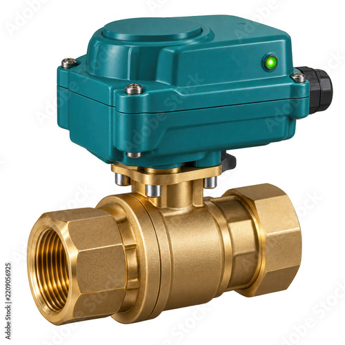 Brass motorized ball valve with teal actuator