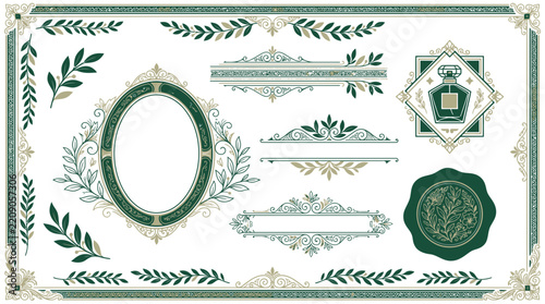 Elegant Floral Ornaments, Frames, Perfume Bottle Icon, Wax Seal