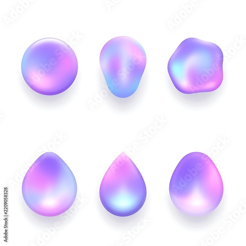 Holographic liquid sphere set featuring vibrant iridescent gradient colors for design art.