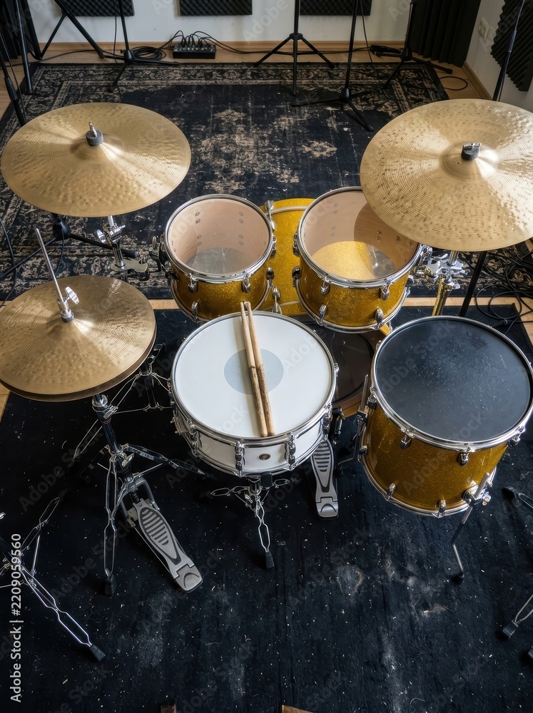 Obraz premium Professional Gold Sparkle Drum Kit with Snare and Cymbals in Music Recording Studio Top View