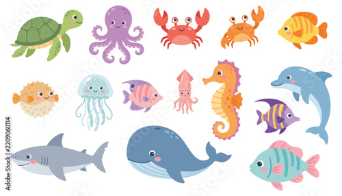 Cute cartoon sea animals set underwater marine life collection for kids design
