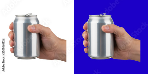 Hand holding blank silver aluminum soda can studio image transparent png