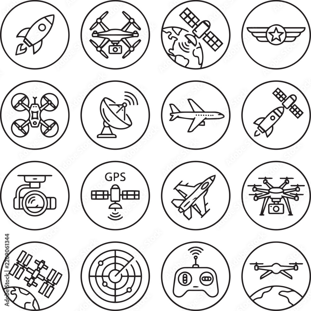 Fototapeta premium Drone Technology And Aerospace Aviation Line Icon Set Featuring Satellite Navigation And Remote Control Element Design