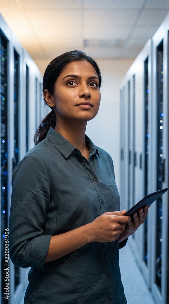 Fototapeta premium Indian Female IT Engineer with Tablet in Data Center Server Room, Women in Technology and STEM Career Concept