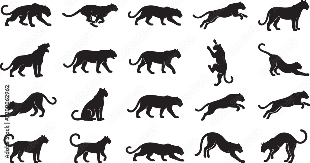Fototapeta premium Big Cat Silhouette Collection, Wild Panther Predator Animal Poses 