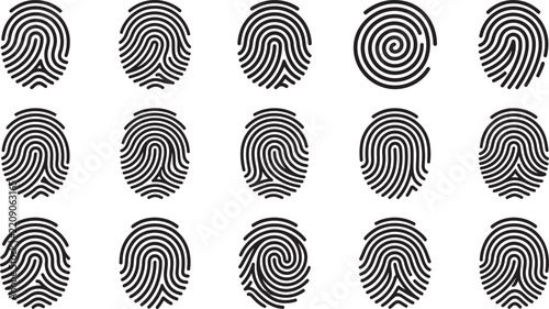 Fingerprint Silhouette Collection, Biometric Identity Security Technology Icons

