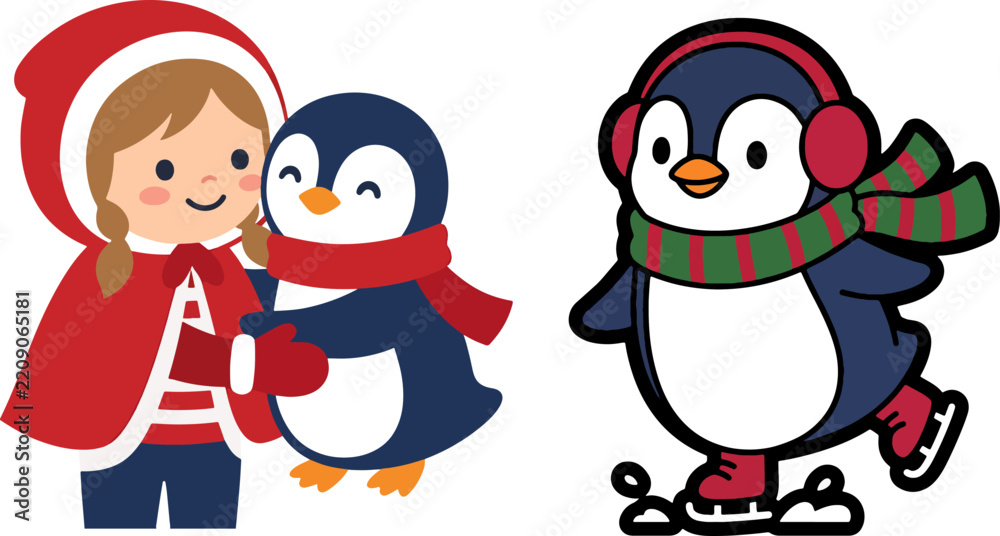 Fototapeta premium Christmas girl with red cloak and penguins with winter scarves and ice skates set