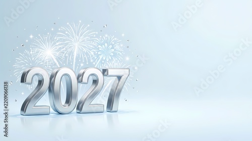 Silver Metallic 2027 Numerals Resting Alongside Radiant Fireworks Displays Creating A Festive Celebration Atmosphere Perfect For Seasonal Greetings Cards Or Upcoming Calendar Designs For The New