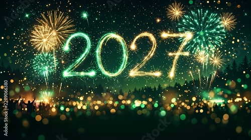 Bright sparkling gold and green numbers display 2027 with giant pyrotechnic explosions lighting the dark night sky while people gather to celebrate the start of a brand new calendar year
