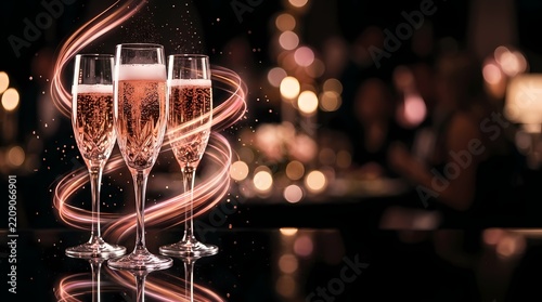 Three crystal glasses filled with sparkling wine and surrounded by golden light swirls during a night celebration representing a toast to happiness and luxury gatherings for many festive