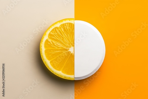 Vitamin C Concept with Half Orange Slice and White Tablet on Split Orange Background.