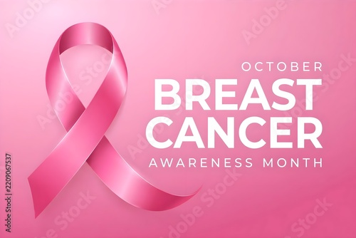 October breast cancer awareness month banner with pink ribbon and typography