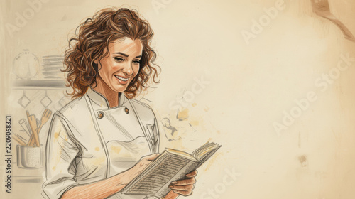 An illustration of a smiling female chef in a white uniform enthusiastically reading an open recipe book against a blurred kitchen background, with space for text on the side.