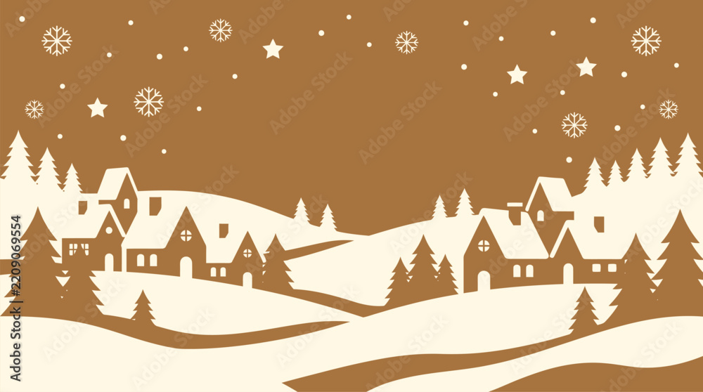 Fototapeta premium A beautiful monochromatic christmas background vector illustration featuring a cozy village landscape with falling snow and pine trees for winter