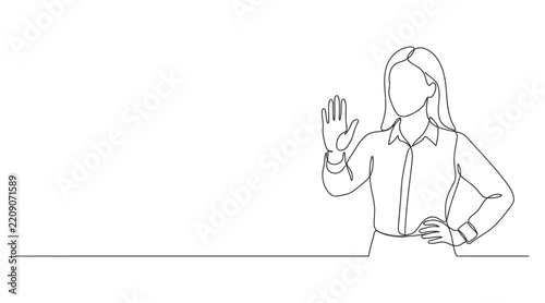 One line drawing of a businesswoman signaling stop with body language white background single line business