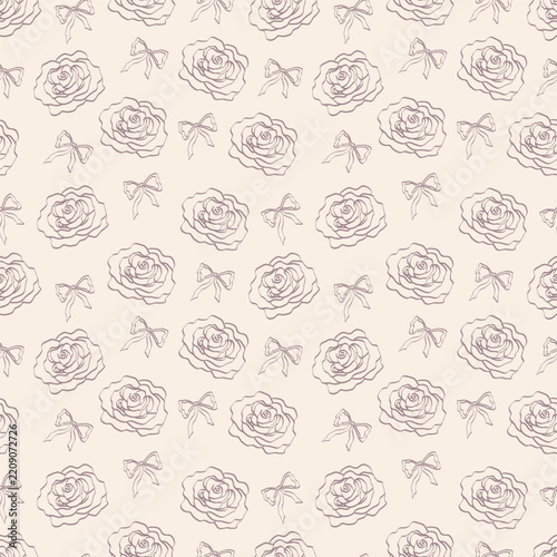 Seamless vector pattern with line art roses and bows on cream background