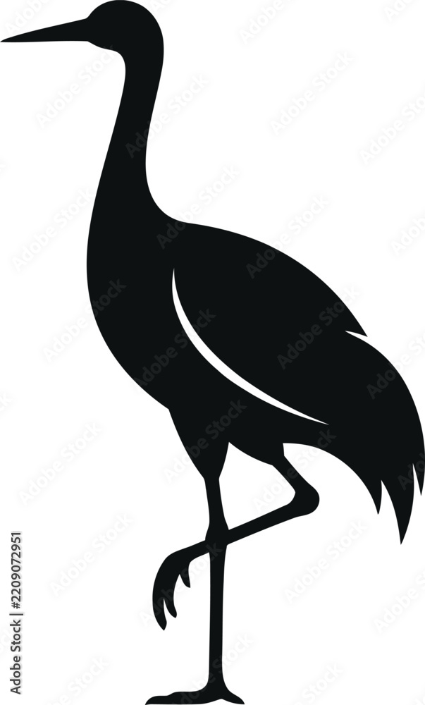 Obraz premium Minimalist black crane bird silhouette, minimalist black stork vector illustration, elegant wading bird outline for logo design and printing