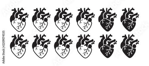 Black anatomical heart icon set with various detailed designs on transparent background.