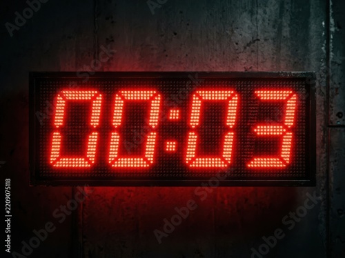 Red digital timer displaying 00:03 glowing against a textured concrete wall with dramatic side lighting