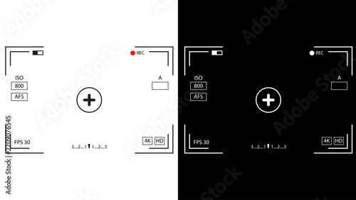 Photo or video camera viewfinder display screen frame, camera interface overlay shows information indicators, dark and light mode recording, frame from surveillance