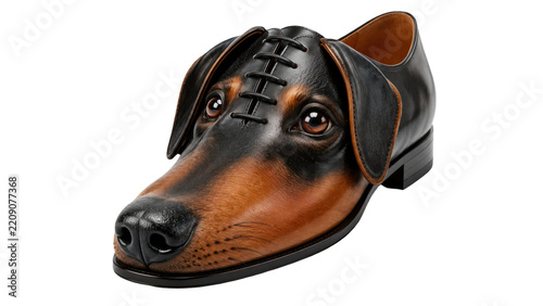 Creative dog head shaped leather shoe with black and brown details realistic animal footwear artwork isolated on white background