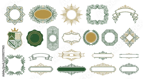 Vintage Ornate Frames and Emblems Set, Decorative Borders, Isolated Elements