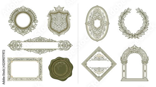 Ornate Decorative Elements Set: Frames, Shields, Laurel Wreath, Arch