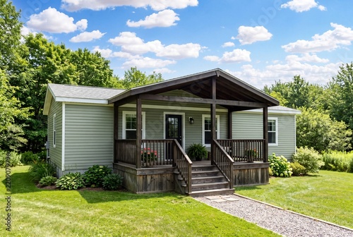 Manufactured Home Exterior with Covered Front Porch and Green Lawn