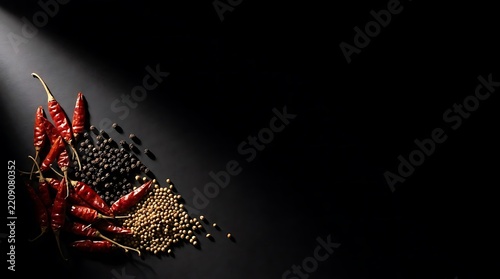 Red chili peppers and dried spices on black background.