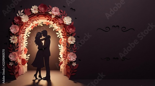 Romantic silhouette of couple kissing under floral archway.