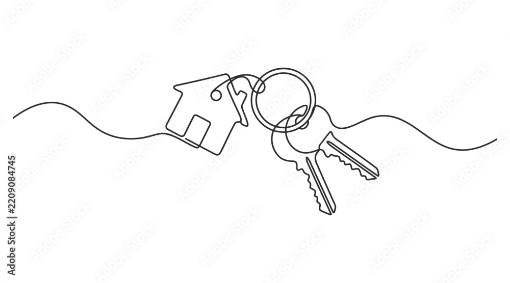 Obraz premium Continuous line drawing of a house silhouette attached to a keychain with keys real estate home ownership