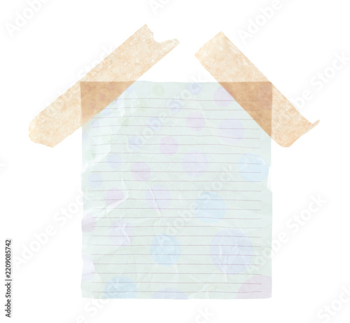 Crumpled sheet of notepad paper attached by adhesive tape, isolated on transparent background. Office blank paper concept
