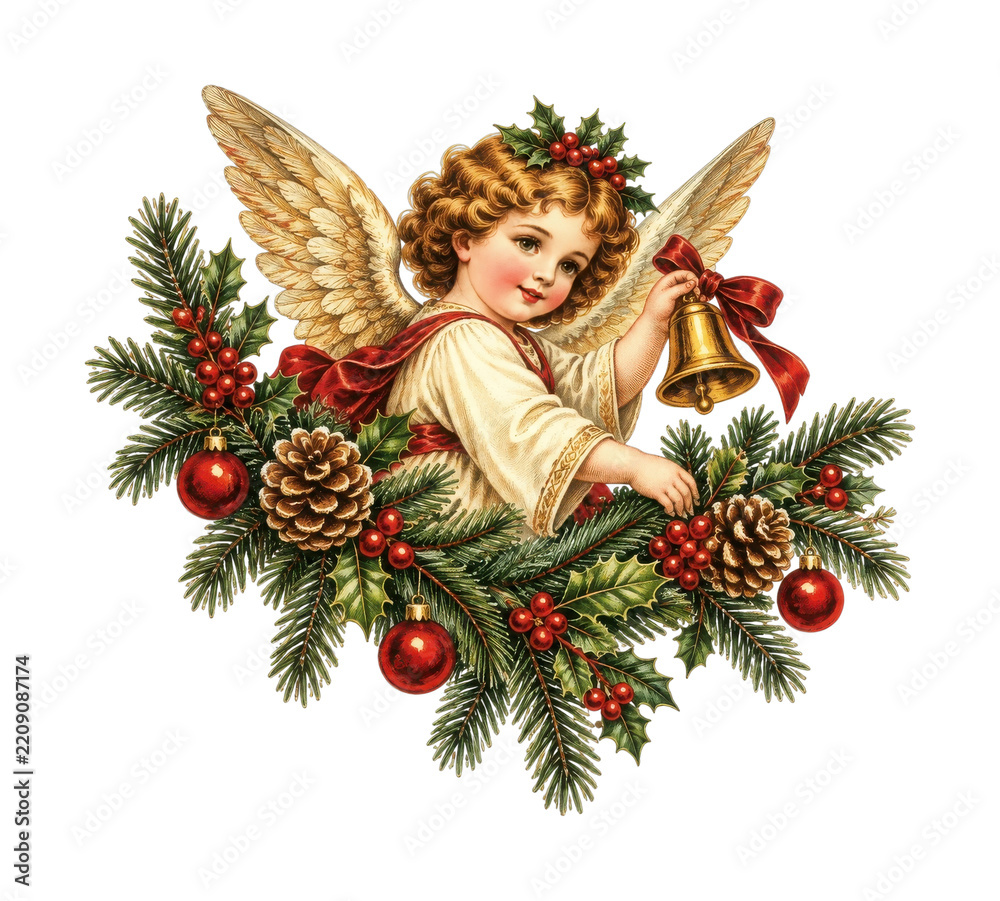 Obraz premium PNG Vintage Christmas angel with bell, holly, pine branches, ornaments