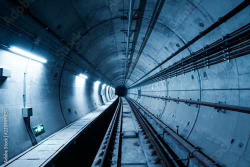 Interior view of a subway tunnel with tracks, lighting, and concrete walls extending into the distance