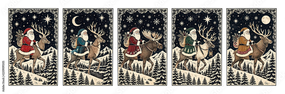 Obraz premium PNG Vintage Christmas deer illustrations in magical snowy forest scenes