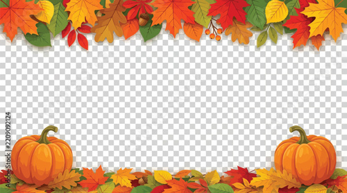 Autumn leaves frame vector background, thanksgiving pumpkin banner border, colorful seasonal foliage header, harvest template for design