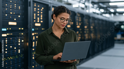 Female engineer inspecting hardware and software in a server room while brainstorming data backup solutions, cybersecurity infrastructure concept, with copy space