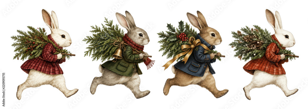 Obraz premium PNG Vintage Christmas rabbit parade carrying festive evergreen wreaths