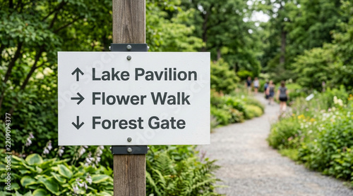 Garden Sign with Arrows: Lake Pavilion, Flower Walk, Forest Gate