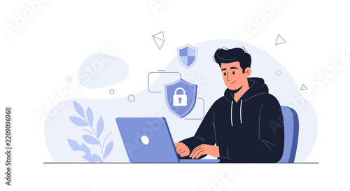 Young man in hoodie working on laptop, cyber security concept with shield and padlock icons, modern flat illustration