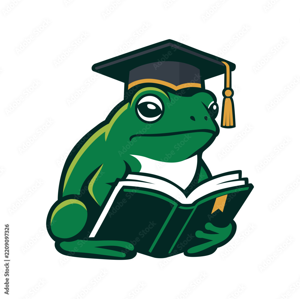 Obraz premium Frog Wearing Graduation Cap Reading Book Illustration