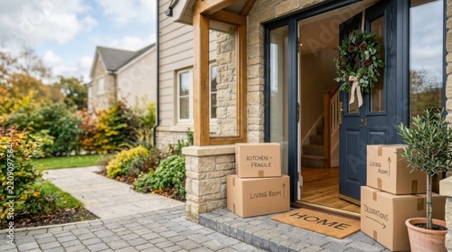 Cardboard moving boxes sit on the doorstep of a new house ready for unpacking and a fresh start